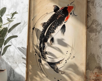 Sumi e Koi Fish Print, Japanese Zen Ink Wash, Matte Poster