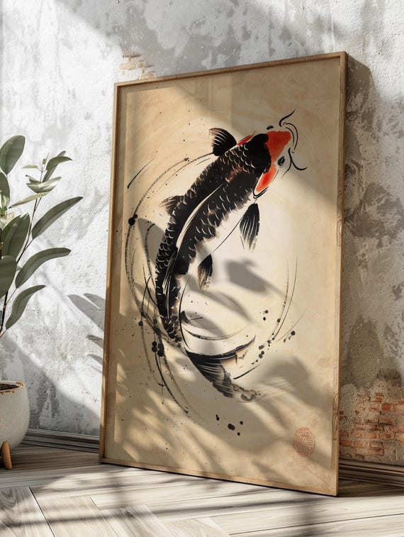 墨絵鯉の版画、日本の禅の水墨画、マットポスター - Etsy 日本