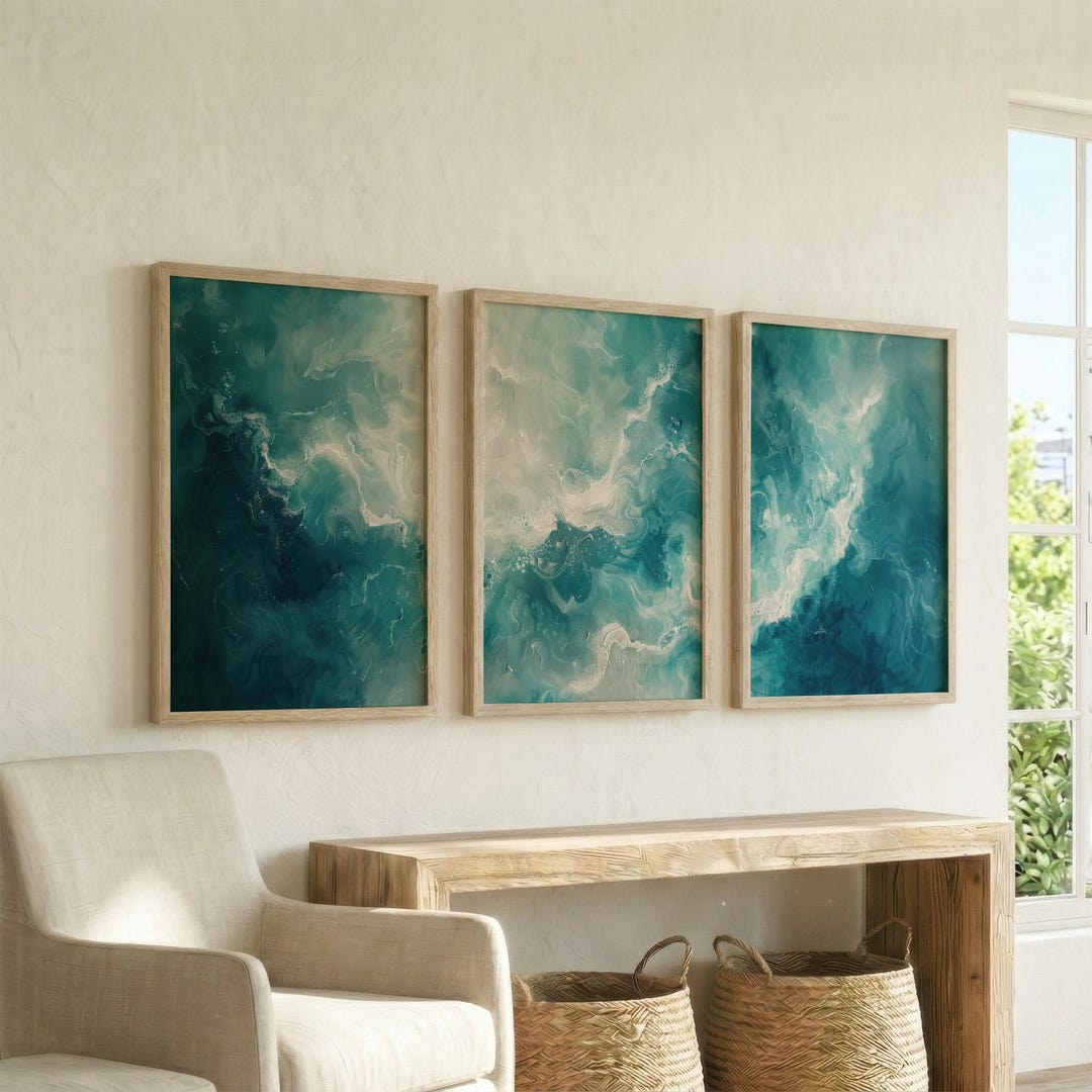 Set of 3 Teal Aqua and White Wall Art, Moody Abstract Ocean Art Print ...