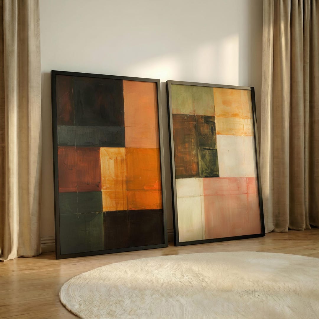 Set of 2 Bold Color Block Abstract Art Prints, Modern Industrial ...