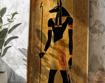 Impressão artística do deus egípcio Anúbis | Pôster minimalista de mitologia em preto e dourado | Arte de parede do Egito Antigo | Decoração hieroglífica