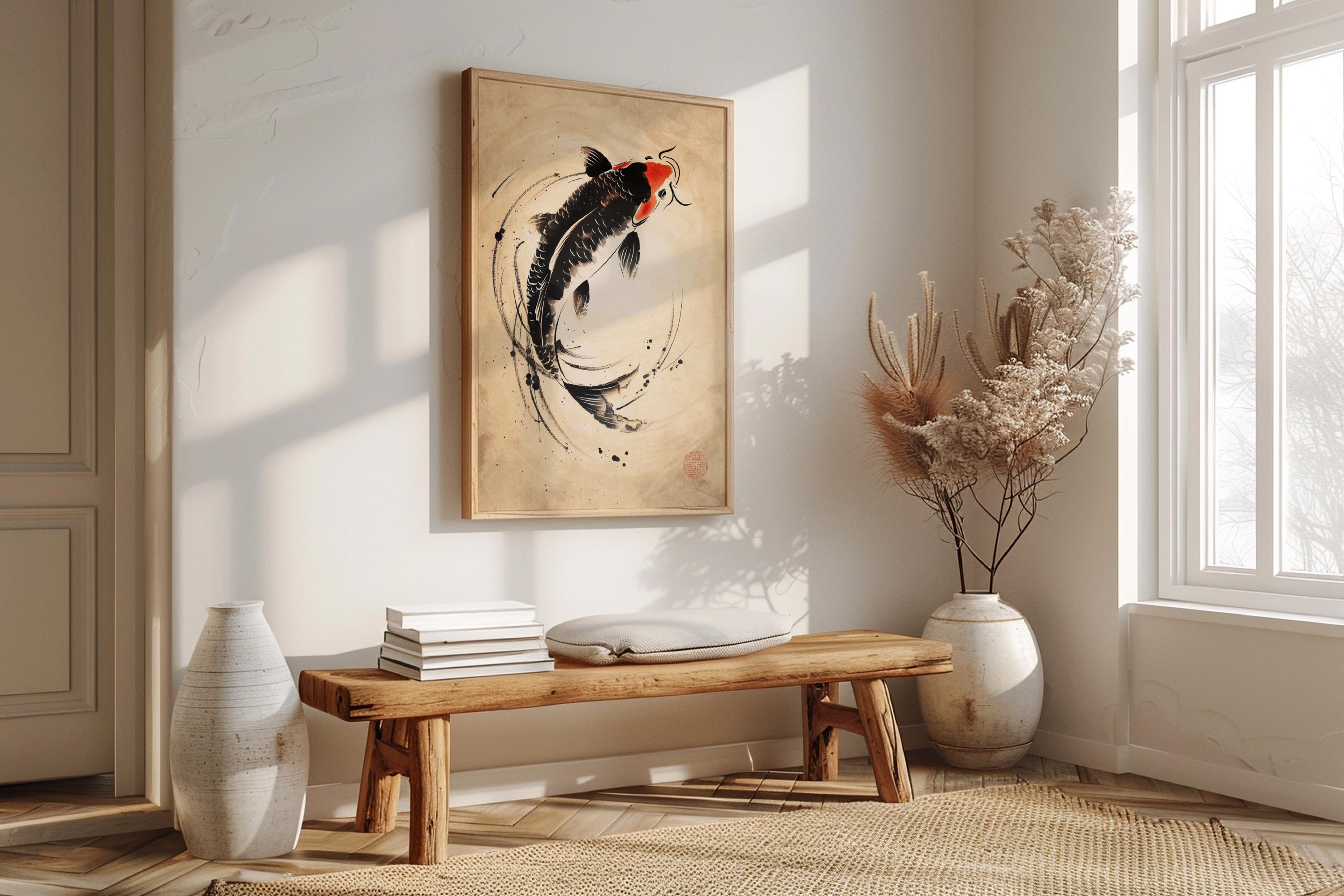 墨絵鯉の版画、日本の禅の水墨画、マットポスター - Etsy 日本