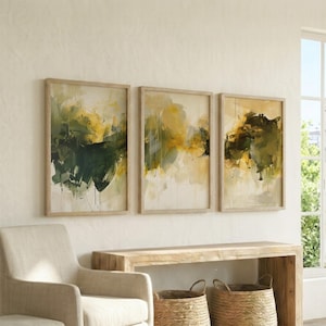 Set di 3 quadri da parete color ocra verde oliva e beige, stampa artistica astratta trittico Wabi Sabi, poster decorativo organico e naturale per il soggiorno.
