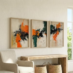 Set of 3 Orange Green and Black Posters, Bold Expressive Living Room Wall Art, Dramatic Maximalist Statement Art Print