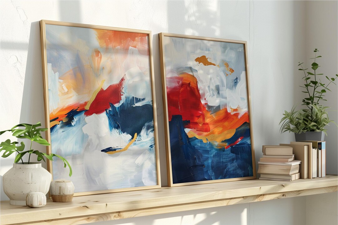 Set of 2 Navy Blue & Red Abstract Art Prints | Vibrant Colorful Gold ...