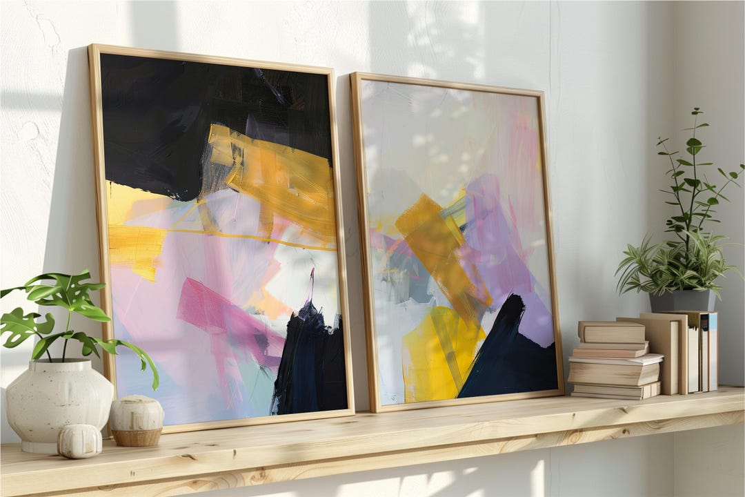 Set of 2 Bold Black Yellow & Pink Art Prints | Abstract Expressionist ...