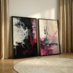 Set of 2 Black Magenta and White Art Prints, Moody Expressive Statement Living Room Poster, Dramatic Contemporary Abstract Large Wall Art