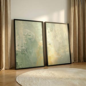 Set of 2 Green & Sage Art Prints, Organic Abstract Diptych, Beige Ochre Serene Wall Decor, Zen Japandi Style, Minimalist Living Room Art