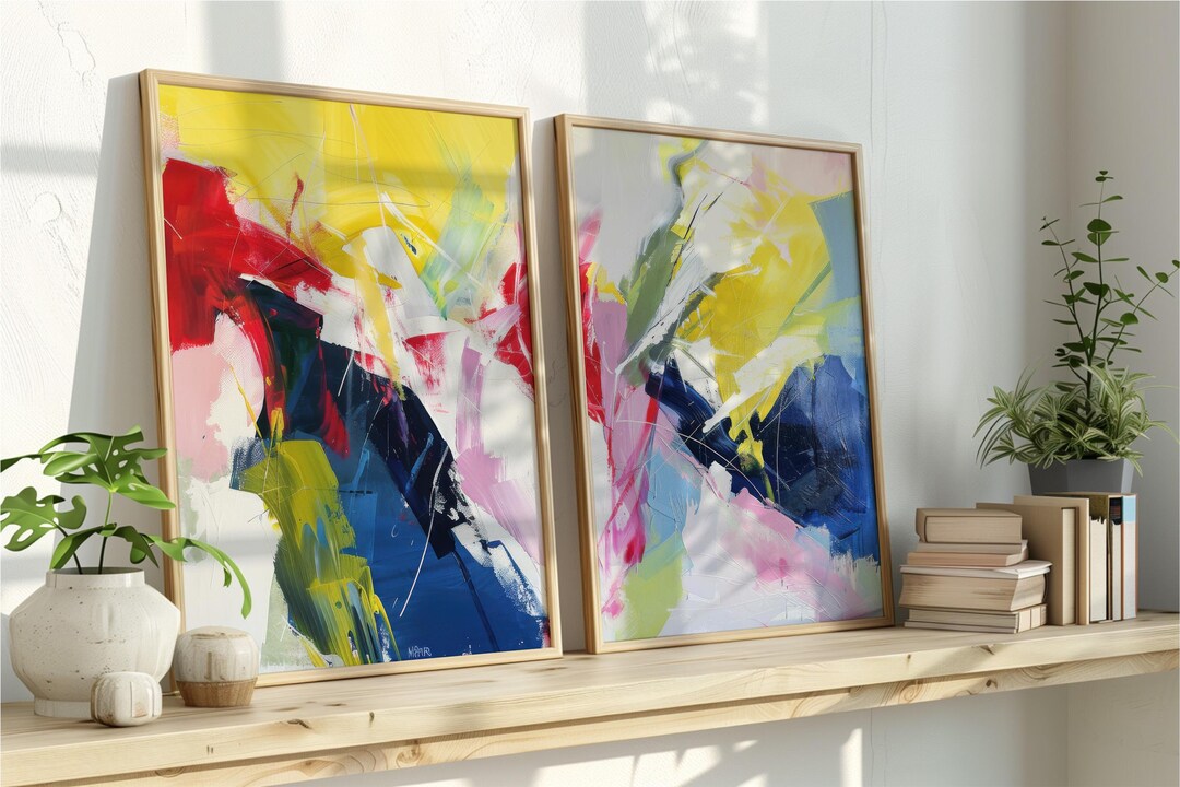 Bold Abstract Art Print Set of 2, Yellow Red and Blue Wall Decor ...