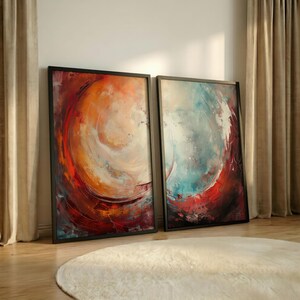 Conjunto de 2 pôsteres em vermelho, laranja e verde-azulado, arte abstrata circular para parede, impressão artística moderna e expressiva para sala de estar.