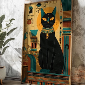 威厳のあるエジプトの黒猫のデジタルアートプリント | ミニマリストな
