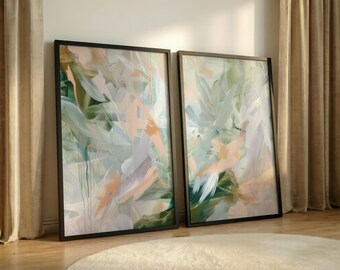 Juego de 2 láminas abstractas en verde salvia y melocotón, díptico de pinceladas fluidas y suaves de primavera, decoración de pared en tonos pastel relajantes, póster moderno y luminoso.