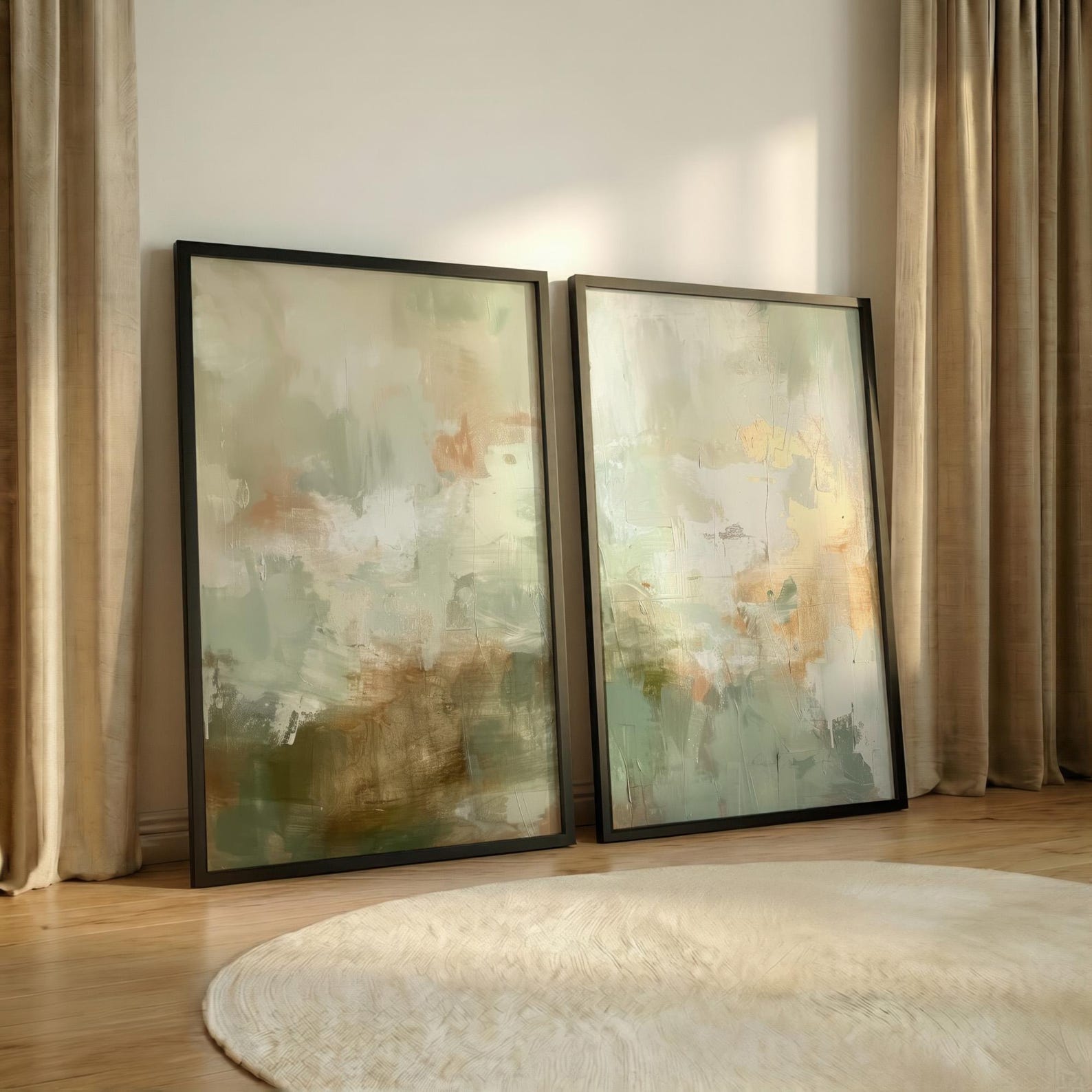 Set of 2 Sage Green & Earthy Abstract Art Prints, Muted Wabi Sabi ...