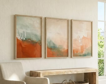 Lot de 3 oeuvres d'art murales vert sauge orange brûlé et crème, impression d'art abstrait salon Japandi, affiche déco tons paysage terre