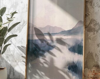 Beruhigendes Aquarell Landschaft Kunstdruck | Serene Misty Lake Wandkunst | Soft Pastell Berge Poster | Minimalistisches Naturdekor