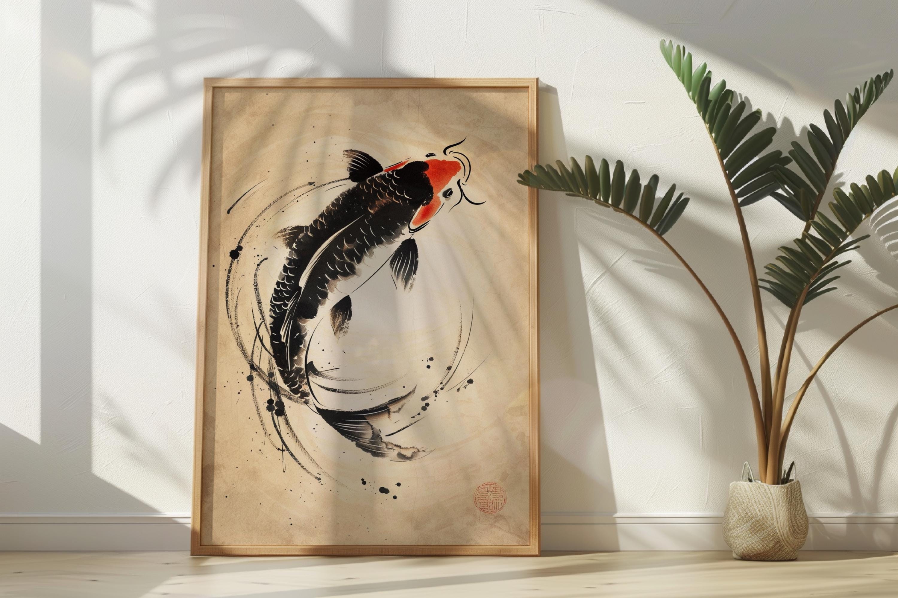 墨絵鯉の版画、日本の禅の水墨画、マットポスター - Etsy 日本