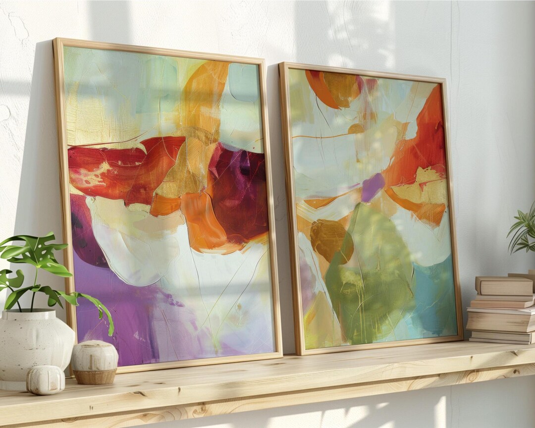 Abstract Earth Tone Wall Art Set of 2, Terracotta Gold Painting, Modern ...