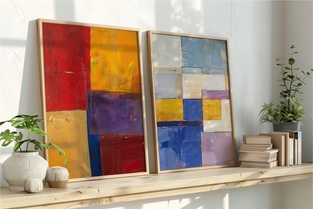 Set of 2 Red Yellow & Blue Color Block Art Print | Bold Pop Wall Decor ...
