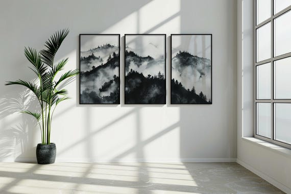 Set of 3 Sumi-e Mountain Landscape Art Prints | Japanese Ink Wash