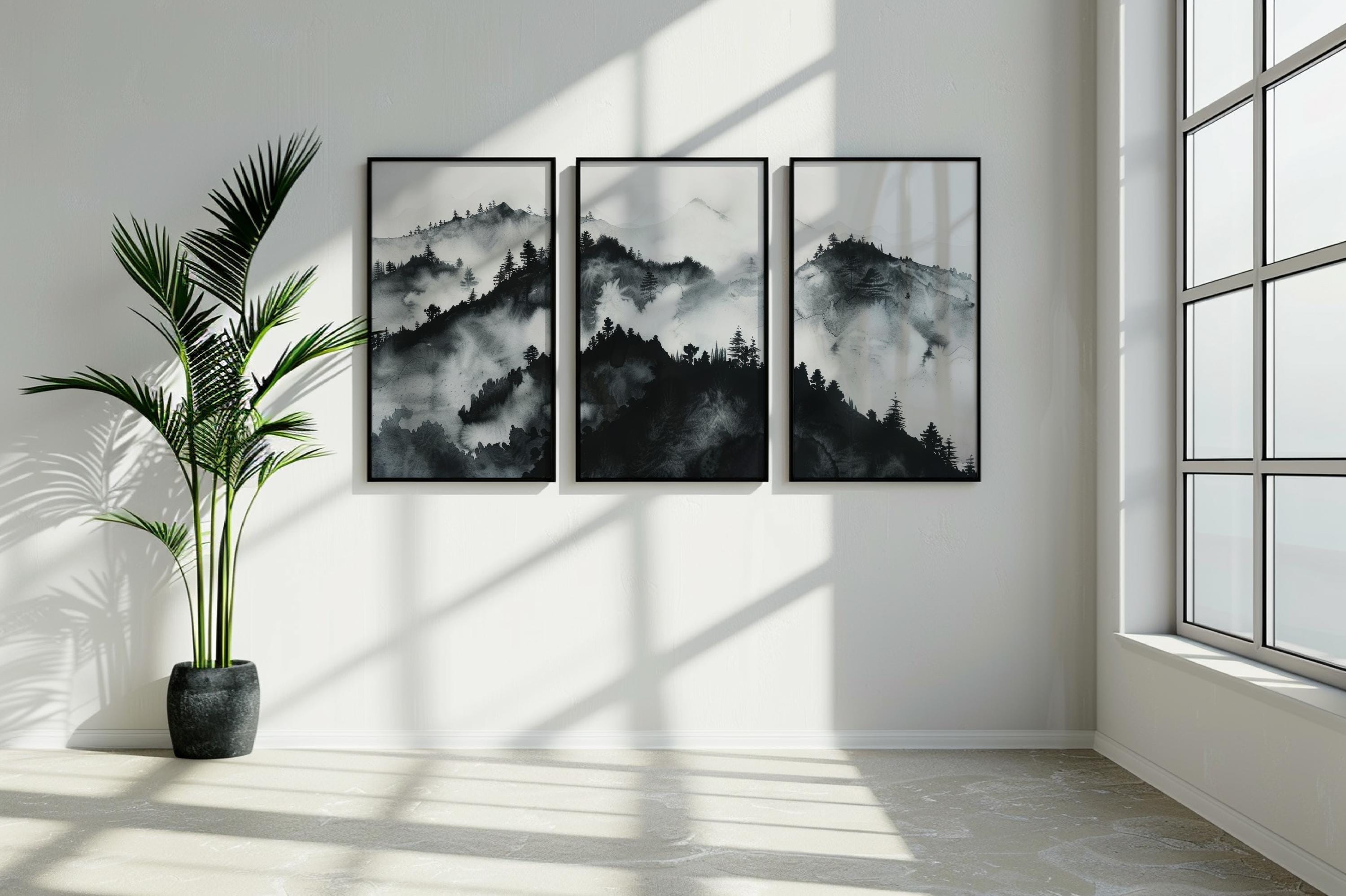 Set of 3 Sumi-e Mountain Landscape Art Prints | Japanese Ink Wash