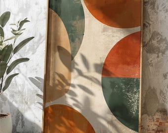 Impressão artística geométrica retrô de meados do século | Formas abstratas em tons de laranja queimado e verde oliva | Decoração de parede moderna estilo boho | Pôster minimalista texturizado