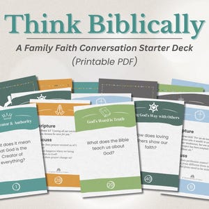 Puede incluir: Un juego de cartas "Think Biblically" para iniciar una conversación familiar sobre la fe. Las tarjetas tienen acentos turquesa, verdes y naranjas, con preguntas como "¿Qué nos enseña la Biblia sobre Dios?"