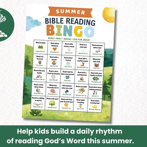 May include: A colourful "Summer Bible Reading Bingo" game board with reading prompts. The board includes the text "Read, Pray, Grow, Live for Jesus!" and encourages children to read the Bible daily. The bottom reads: "Help kids build a daily rhythm of reading God's Word this summer."