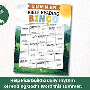 Op de afbeelding: Een kleurrijk Zomer Bijbellezen Bingo-spel met een landschapsachtergrond. Het spel bevat vragen over het evangelie van Lucas. De tekst onderaan luidt: "Help kinderen deze zomer een dagelijks ritme op te bouwen van het lezen van Gods Woord."