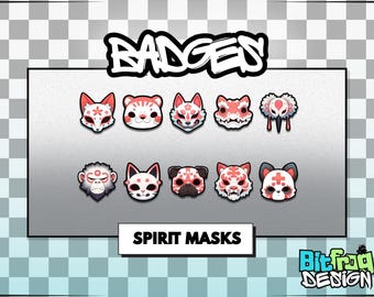 Cute Kitsune-Style Mask Badges | Red & White Japanese Mask Animals | Streamer Sub Badges