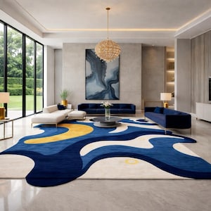 Modern abstract blue area rug for living room, navy cream yellow contemporary carpet, luxury designer bedroom rug, soft large home decor floor mat