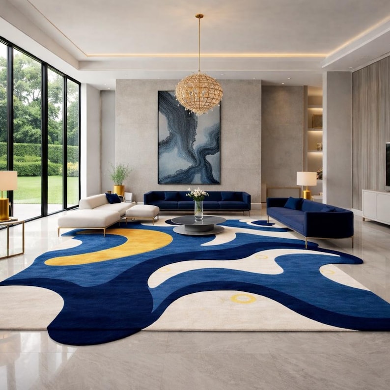 Modern abstract blue area rug for living room, navy cream yellow contemporary carpet, luxury designer bedroom rug, soft large home decor floor mat