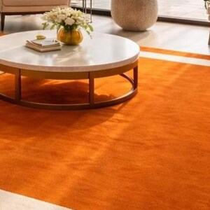 Modern Orange Area Rug with Cream Border Handmade Minimalist Living Room Carpet by AHSAN RUGS