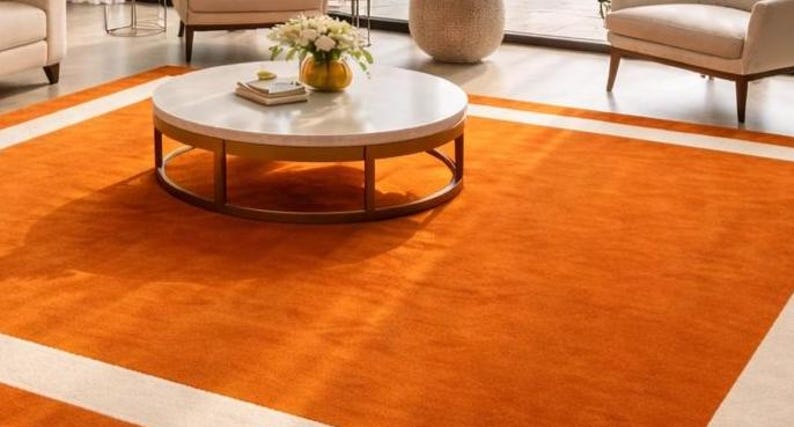 Modern Orange Area Rug with Cream Border Handmade Minimalist Living Room Carpet by AHSAN RUGS