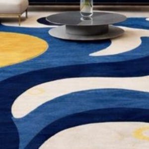 Modern abstract blue area rug for living room, navy cream yellow contemporary carpet, luxury designer bedroom rug, soft large home decor floor mat