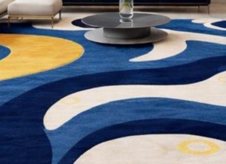 Modern abstract blue area rug for living room, navy cream yellow contemporary carpet, luxury designer bedroom rug, soft large home decor floor mat