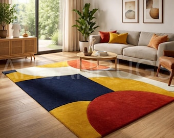 Modern Geometric Multicolor Hand-Tufted Wool Rug – Navy, Mustard, Red, White | Rectangle Abstract Rug for Living Room