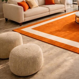 Modern Orange Area Rug with Cream Border Handmade Minimalist Living Room Carpet by AHSAN RUGS