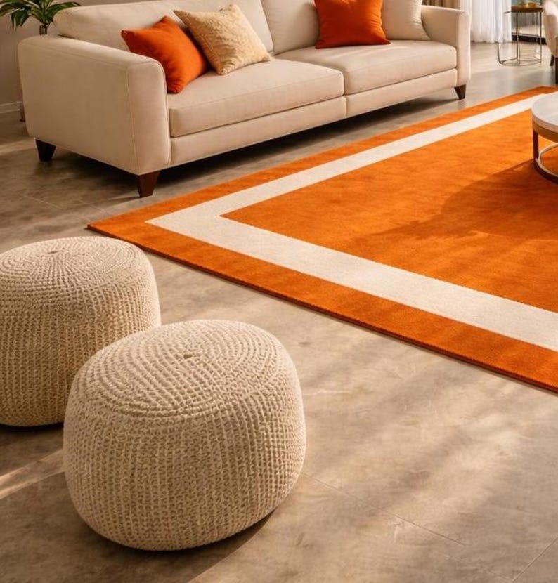 Modern Orange Area Rug with Cream Border Handmade Minimalist Living Room Carpet by AHSAN RUGS