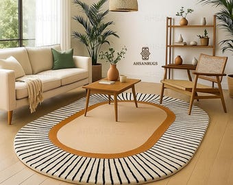 Retro Oval Wool Rug, Beige Black Striped Border, Contemporary Carpet (5x7 FT)