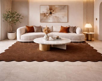 Luxury Solid Brown Area Rug – Modern Wavy Edge Carpet for Living Room, Bedroom, Minimalist Home Decor, Contemporary Floor Rug