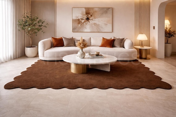 Luxury Solid Brown Area Rug – Modern Wavy Edge Carpet for Living Room, Bedroom, Minimalist Home Decor, Contemporary Floor Rug