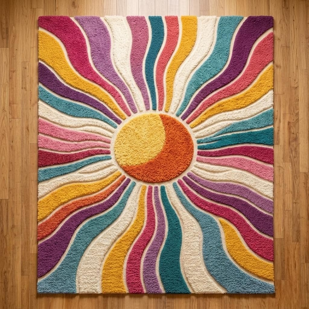 Vector Hippy Rug Retro Sunburst Area Rug 8x10ft Boho Sun Tufted Rug | Colorful Hippie ...