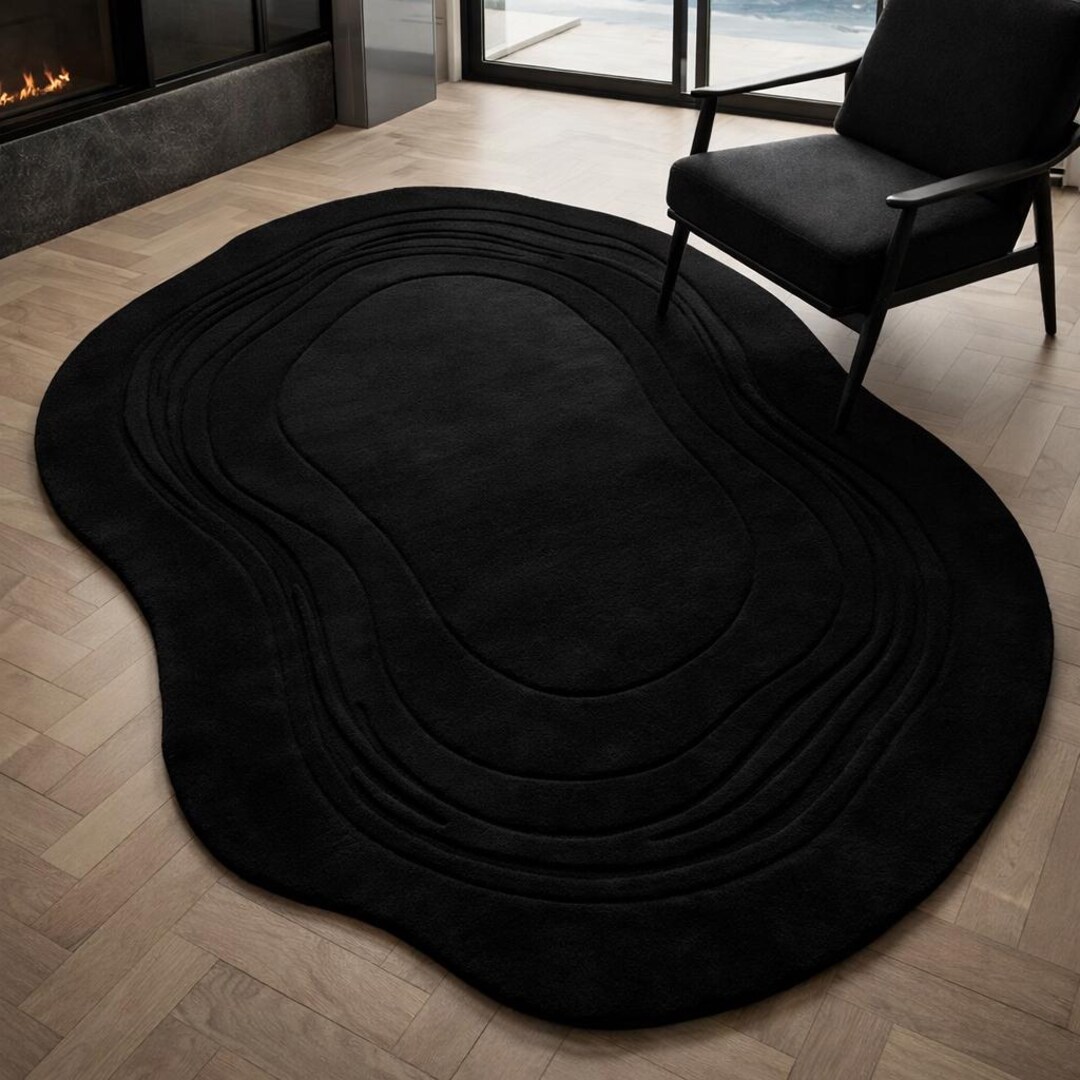 Luxury Black Irregular Shaped Rug, Modern 3D Tufted Area Rug, Abstract ...