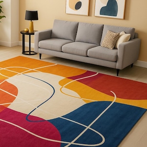 Modern Abstract Area Rug – Colorful Geometric Living Room Carpet – Bold Mid-Century Modern Design – Multicolor Contemporary Floor Decor
