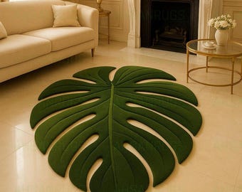 Monstera Leaf Shaped Rug – Hand Tufted 3D Green Carpet – Tropical Botanical Statement Floor Decor for Living Room or Bedroom by Ahsanrugs