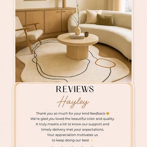 May include: A cream-colored, abstract-shaped rug with black and rust-colored outlines. The rug is in a living room setting with a round wooden coffee table, a curved sofa, and a wooden cabinet. The text "REVIEWS Hayley" is also visible.