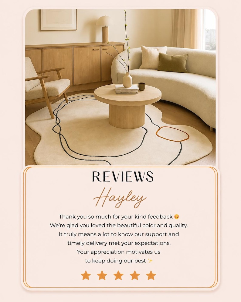 May include: A cream-colored, abstract-shaped rug with black and rust-colored outlines. The rug is in a living room setting with a round wooden coffee table, a curved sofa, and a wooden cabinet. The text "REVIEWS Hayley" is also visible.