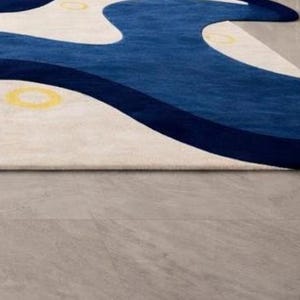 Modern abstract blue area rug for living room, navy cream yellow contemporary carpet, luxury designer bedroom rug, soft large home decor floor mat