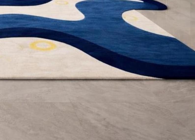 Modern abstract blue area rug for living room, navy cream yellow contemporary carpet, luxury designer bedroom rug, soft large home decor floor mat