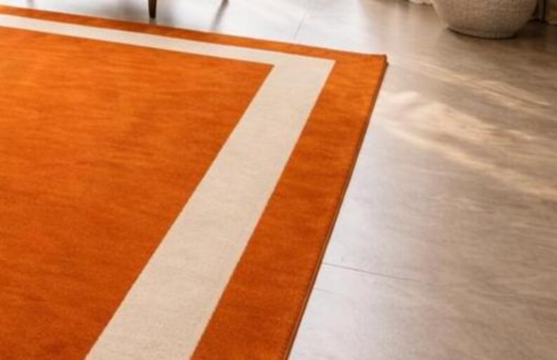 Modern Orange Area Rug with Cream Border Handmade Minimalist Living Room Carpet by AHSAN RUGS